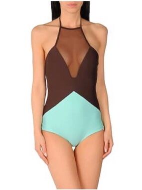Halter Colorblock One-Piece Swimsuit in Brown and Mint